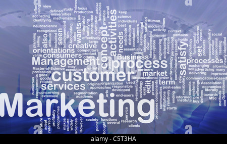 Word Cloud Konzept Illustration der marketing-Prozess international Stockfoto