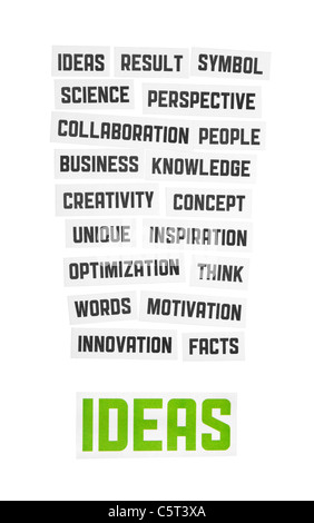 Ideen zu unterzeichnen. Schneiden Sie Stücke von Papier mit dem Text Thema Ideen. Isoliert auf weiss. Stockfoto