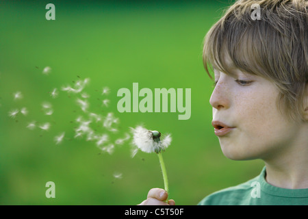 Deutschland, Close up Boy bläst Löwenzahnsamen Stockfoto