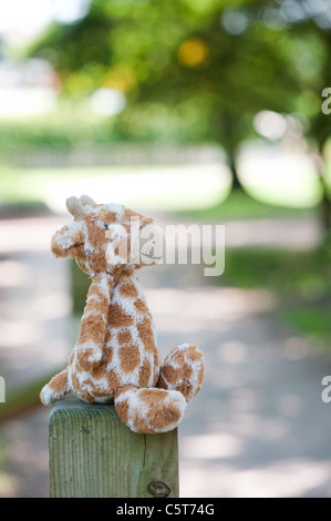 Childs Giraffe Plüschtier sitzt auf einem Pfosten in einem englischen Garten Stockfoto