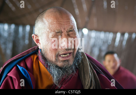 Tibetisch-buddhistischen Mönch Gesänge während der Teezeremonie, Arou Ba Temple, Qilian, Qinghai Province, China Stockfoto