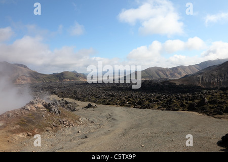 Alten Lavastrom auf dem Laugavegur-Wanderweg in der Nähe von Landmannalaugar Fjallabak Gebiet Islands Stockfoto