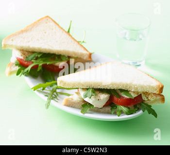 Toast mit Tomaten, Mozzarella, Mayonnaise und Rucola-Salat auf Teller Stockfoto