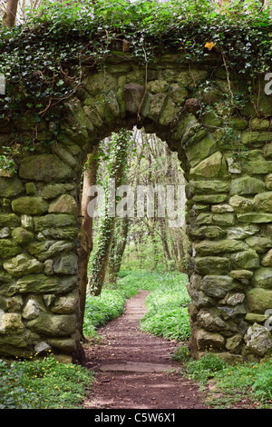 Blick durch eine Mauer aus Stein Bogen über einen leeren Garten Weg in den Wald führt. Anglesey Wales England Großbritannien Stockfoto