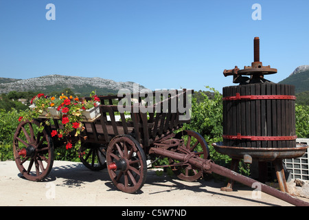 Hölzerne Weinpresse und Holz Karre mit Geranien in einem Weingut Peljesac, Kroatien Stockfoto