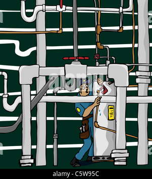 Ein überwältigt Klempner arbeitet in einem Labyrinth von schlampige Rohrleitungen. Stockfoto