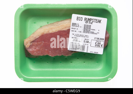 Rohes Steak in Styropor-Box, erhöhten Blick Stockfoto