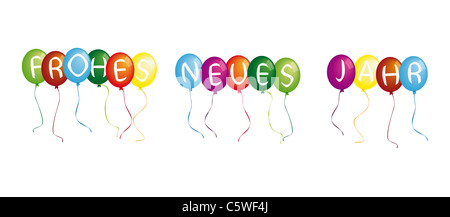 Frohes Neues Jahr auf bunten Ballons vor weißem Hintergrund Stockfoto