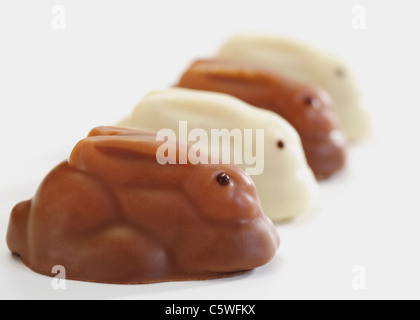 Reihe von Schokolade Osterhasen auf weißem Hintergrund Stockfoto