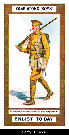 Erster Weltkrieg Recruiting Poster - "Komm, Jungs! Heute gewinnen "- Soldat in Uniform mit Gewehr und raucht Pfeife. DEL54 Stockfoto