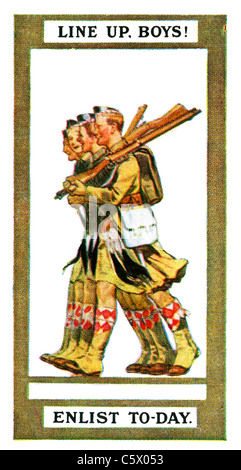 Erster Weltkrieg Recruiting Poster - "Line-up, Jungs! Zu gewinnen-Tag. "-vier schottischen Soldaten in Schottenröcken marschieren mit Gewehren. DEL60 Stockfoto