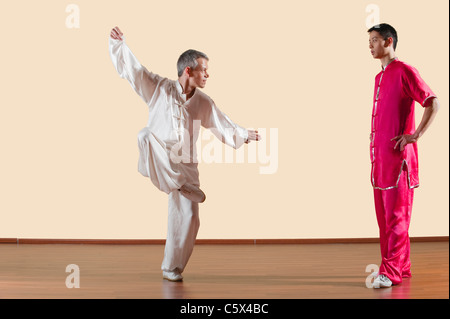 Kung Fu, Tixi Liangquan, zwei Männer tun Kung-Fu-bewegt Stockfoto