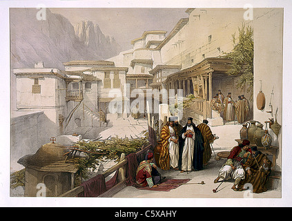 Principal Hof des Klosters von St. Catherine, Louis Haghe Gravur/David Roberts Malerei aus dem Heiligen Land, Syrien, Edom, Saudi-Arabien, Ägypten und Stockfoto