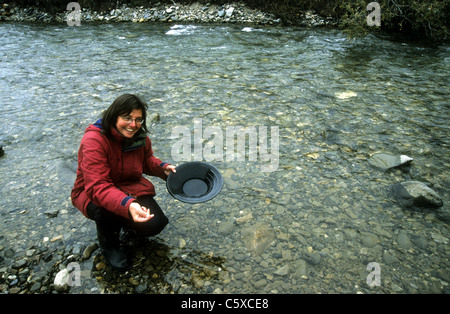Ein weiblicher Touristen versucht Gold panning bei Kantishna im Denali-Nationalpark, Alaska. Stockfoto