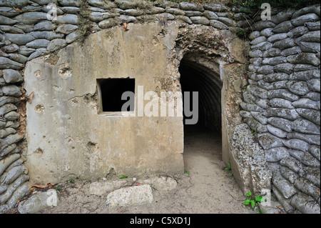 Britische WWI Bunker zeigt Einschusslöcher auf Lettenberg, Erster Weltkrieg 14-18-Website am Kemmel, West-Flandern, Belgien Stockfoto