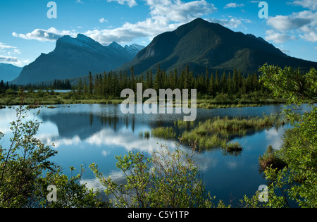 Ein Landschaft Blick auf Mount Rundle und Sulphur Mountain spiegelt sich in Vermillion Seen, im Banff National Park. Stockfoto