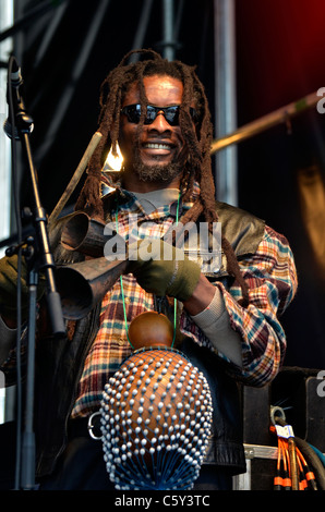 Schlagzeuger aus der Reggae-band Zoh Zoh spielt im Konzert Wynyard Quarter, Auckland New Zealand Stockfoto