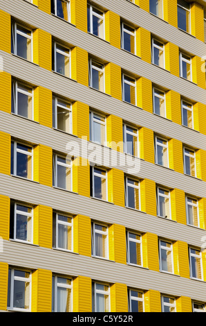 Fragment der gelb hohes Gebäude mit vielen Fenstern. Stockfoto