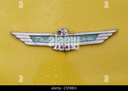 Thunderbird amerikanische Oldtimer Chrom Emblem erschossen auf einer gelben Mütze/Haube, gesprenkelt mit Wassertropfen Stockfoto