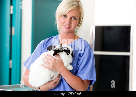 Ein Porträt von einem weiblichen Tierarzt hält ein Kaninchen Stockfoto