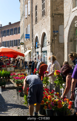 Traditioneller Markt auf dem Platz vor der Kathedrale in Cahors, Los 46, Midi Pyrenees, Frankreich, Europa Stockfoto