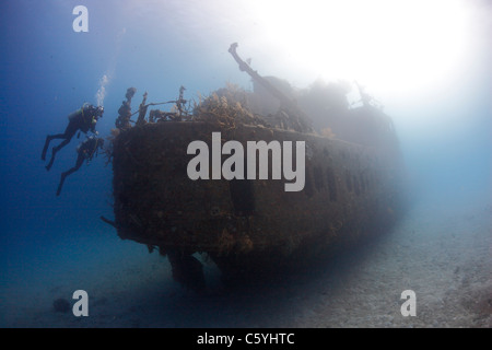 Taucher, die Inspektion der Prinz Albert Wrack abseits der Insel Roatan, Honduras. Stockfoto