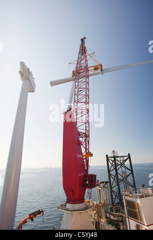 Das Aufbocken Lastkahn, Kraken, Einbau einer Turbinenschaufel, eine Windkraftanlage auf Walney offshore Wind Farm, Cumbria, UK. Stockfoto