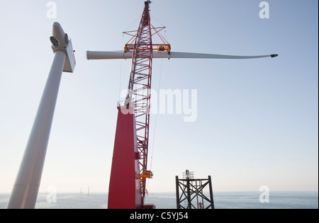 Das Aufbocken Lastkahn, Kraken, Einbau einer Turbinenschaufel, eine Windkraftanlage auf Walney offshore Wind Farm, Cumbria, UK. Stockfoto