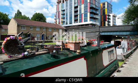 Schmalboot, Gartentopf auf Schmalboot Dach, Fahrrad und neue Wohnung Gebäude entlang Lea Valley Walk towpath in East London, England Großbritannien KATHY DEWITT Stockfoto