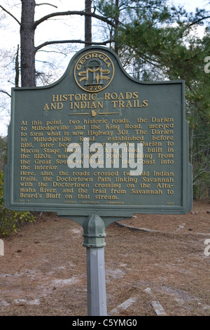 HISTORISCHE STRAßEN UND INDIAN TRAILS. Historische Straßen, Darien Milledgeville und King Road, zusammengeführt, um was jetzt Highway 301 ist. Stockfoto