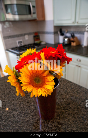 Eine Vase mit Sonnenblumen (Helianthus Annuus) und roten Gerbera Daisy Blumen in einer Vase auf eine Arbeitsplatte aus Granit in der Küche. Stockfoto