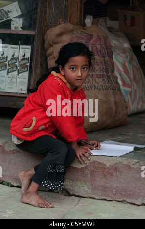 Hausaufgaben-Zeit für ein Ladenbesitzer Tochter in einem Tharu-Dorf in der Nähe von Sauraha, nicht weit von Chitwan National Park. Stockfoto