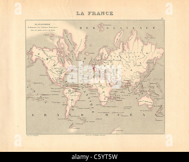 Erdkarte - Welt - Antiquarische Karte von 1858 französischen Atlas' Frankreich und seinen Kolonien" (La France et ses Kolonien) von Alexandre Vuillemin Stockfoto