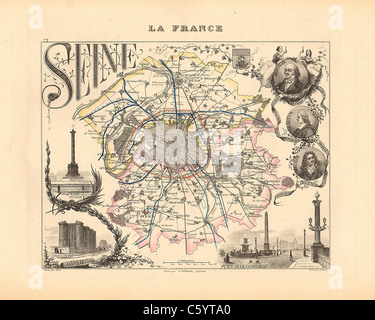 Seine (Paris) Abteilung - Antiquarische Karte von 1858 französischen Atlas' Frankreich und seinen Kolonien" (La France et ses Kolonien) von Alexandre Vuillemin Stockfoto