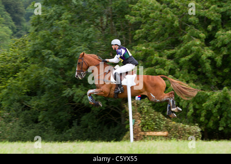 Pferd und Reiter löschen einen Zaun auf die Loipe auf der britischen Festival Eventing, Gatcombe Park Stockfoto