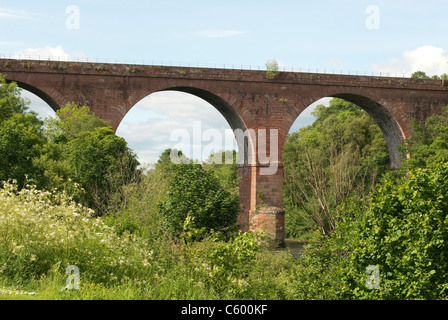 Blick auf die Eisenbahnviaduktbrücke über den Fluss Eden bei Weatherall, Carlisle, Cumbria, Großbritannien Stockfoto