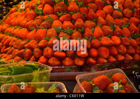 LA BOQUERIA STALL VERKAUFEN ÜBERSICHTLICH ERDBEEREN AUF EINEM MARKT IN BARCELONA SPANIEN Stockfoto
