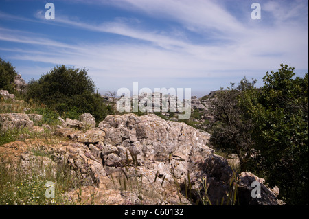 BLICK AUF EL TORCAL KALKSTEIN ROCK FORMATION ANTEQUERA ANDALUSIEN SPANIEN Stockfoto