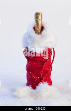 Studioaufnahme der Flasche Champagner in Geschenktüte Weihnachten Stockfoto