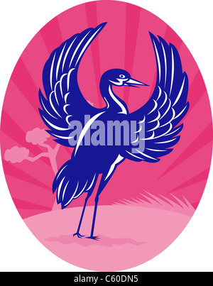 Abbildung eines Krans mit Flügeln mit Kiefer und Sunburst im Hintergrund im Inneren Oval, eingerichtet im Stil der Retro-Holzschnitt Stockfoto