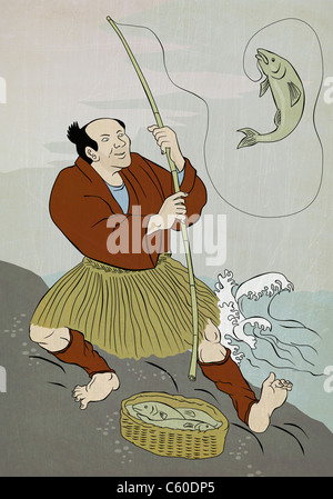 Bild zeigt eine japanische Fischer fangen Forellen angeln auf einem Felsen am See im Stil der japanischen Holz-Block print. Stockfoto