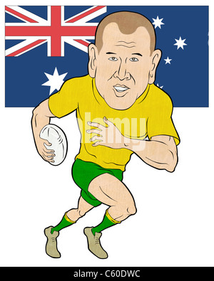 Comic-Illustration eines Rugby-Spieler laufen mit Ball mit Australien Flagge isoliert auf weißem Hintergrund Stockfoto