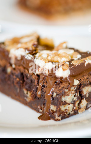 Walnuss Brownie auf einem weißen Teller, unscharfen Hintergrund Stockfoto