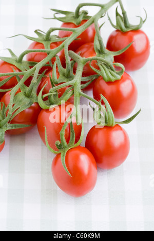 Nahaufnahme von Kirschtomaten an Rebstöcken Stockfoto