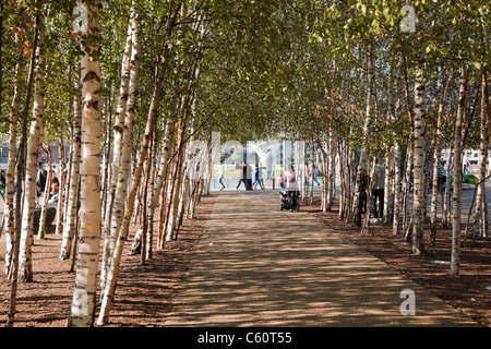 Allee der Bäume entlang der Londoner South Bank - ein Mann verkauft Pfauenfedern in der Ferne. Stockfoto