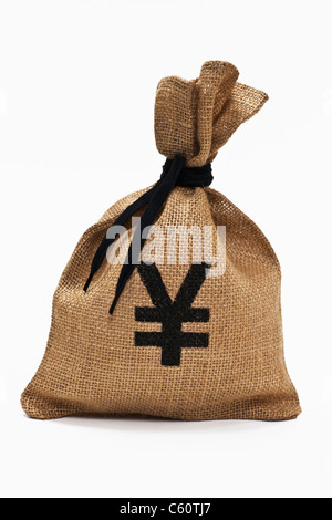 Detailansicht Eines Geldsackes Mit Yen-Symbol | Detail-Foto aus einem Geldsack mit Yen-Zeichen Stockfoto