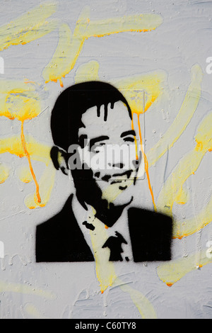 Bemalte Schablone Graffiti von Barack Obama, 44. Präsident der Vereinigten Staaten von Amerika. Stockfoto
