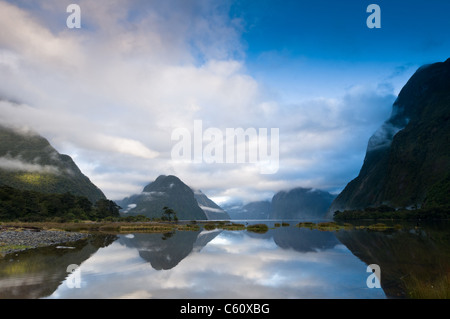 Bewölkt Morgen am Milford Sound mit Sonnenaufgang im Hintergrund Stockfoto