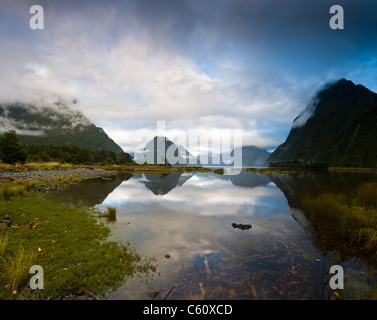 Bewölkt Morgen am Milford Sound mit Sonnenaufgang im Hintergrund Stockfoto