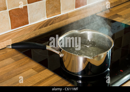 Edelstahl-Topf mit kochendem Wasser, auf einem Induktionskochfeld. Stockfoto